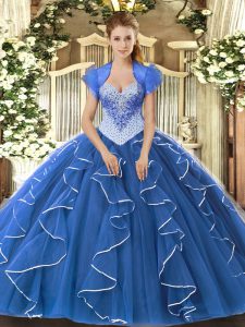 Most Popular Sweetheart Cap Sleeves Quinceanera Gown Floor Length Beading Blue Tulle