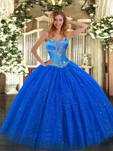 Ball Gowns Vestidos de Quinceanera Royal Blue Sweetheart Tulle and Sequined Sleeveless Floor Length Lace Up