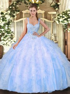 Free and Easy Light Blue Tulle Lace Up Ball Gown Prom Dress Sleeveless Floor Length Beading