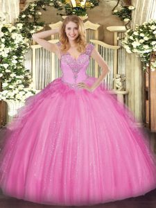 Ball Gowns Sweet 16 Quinceanera Dress Rose Pink V-neck Tulle Sleeveless Floor Length Lace Up