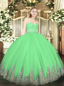 Floor Length Green Sweet 16 Dresses Tulle Sleeveless Beading and Lace and Appliques