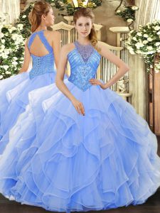 Organza High-neck Sleeveless Lace Up Beading and Ruffles 15th Birthday Dress in Light Blue