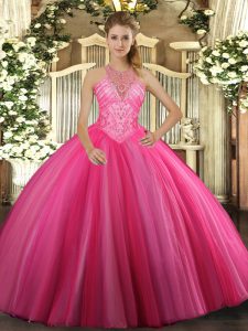 Admirable Hot Pink Ball Gowns High-neck Sleeveless Tulle Floor Length Lace Up Beading Quince Ball Gowns