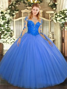 Luxurious Blue Ball Gowns Tulle Scoop Long Sleeves Lace Floor Length Lace Up Sweet 16 Dresses