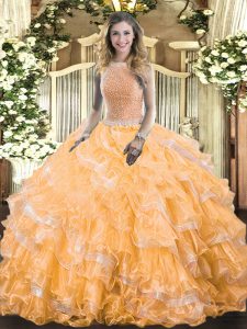 Sexy Sleeveless Floor Length Beading and Ruffled Layers Lace Up Sweet 16 Quinceanera Dress with Orange