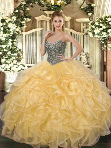 Best Selling Floor Length Lace Up 15 Quinceanera Dress Gold for Military Ball and Sweet 16 and Quinceanera with Beading and Ruffles