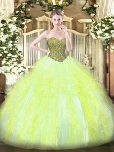 Designer Floor Length Yellow Green Quinceanera Gowns Tulle Sleeveless Beading and Ruffles