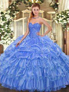 Fabulous Baby Blue Ball Gowns Organza Sweetheart Sleeveless Beading and Ruffled Layers and Pick Ups Floor Length Lace Up Sweet 16 Dress