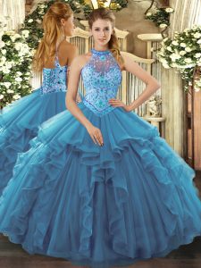 Floor Length Teal Quince Ball Gowns Organza Sleeveless Beading and Ruffles