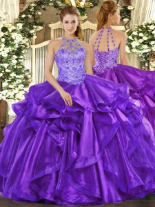 Wonderful Purple Organza Lace Up Quinceanera Gown Sleeveless Floor Length Beading and Embroidery and Ruffles