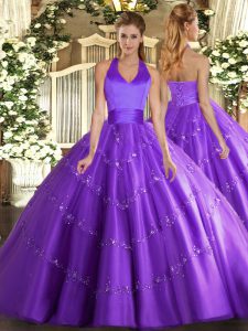Unique Purple Ball Gowns Appliques Quinceanera Gown Lace Up Tulle Sleeveless Floor Length