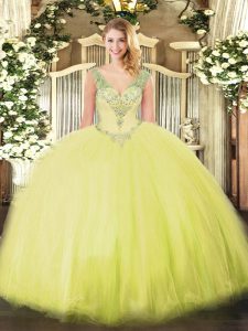 Yellow Green Tulle Lace Up V-neck Sleeveless Floor Length Quince Ball Gowns Beading
