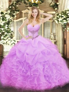 Lilac Sleeveless Floor Length Beading and Ruffles and Pick Ups Lace Up 15th Birthday Dress