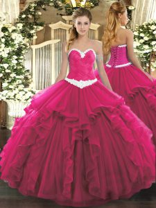 Exquisite Hot Pink Ball Gowns Sweetheart Sleeveless Organza Floor Length Lace Up Appliques and Ruffles Ball Gown Prom Dress