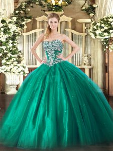 Vintage Turquoise Ball Gowns Beading Quinceanera Gown Lace Up Tulle Sleeveless Floor Length