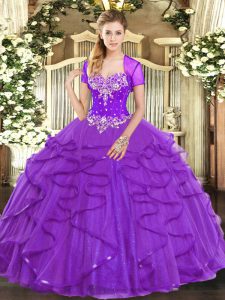 Most Popular Sweetheart Sleeveless Tulle 15th Birthday Dress Beading and Ruffles Lace Up