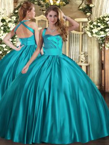 Teal Ball Gowns Ruching 15th Birthday Dress Lace Up Satin Sleeveless Floor Length