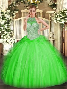 Nice Ball Gowns Tulle Halter Top Sleeveless Beading and Ruffles Floor Length Lace Up Ball Gown Prom Dress