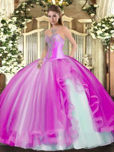 Fuchsia Sleeveless Tulle Lace Up Quinceanera Gown for Military Ball and Sweet 16 and Quinceanera