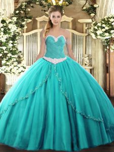 Excellent Sleeveless Tulle Brush Train Lace Up Quinceanera Gowns in Turquoise with Appliques