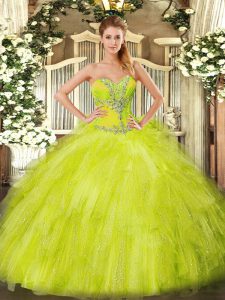 Custom Fit Sweetheart Sleeveless Lace Up Quince Ball Gowns Yellow Green Organza