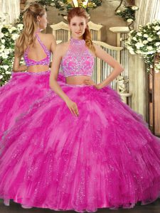 Fantastic Beading Sweet 16 Dress Hot Pink Criss Cross Sleeveless Floor Length