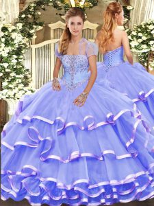 Glittering Sleeveless Organza Floor Length Lace Up Sweet 16 Quinceanera Dress in Lavender with Appliques and Ruffled Layers