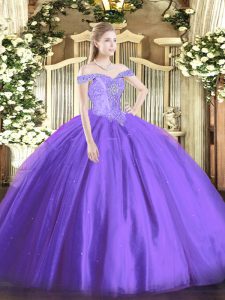Flare Sleeveless Floor Length Beading Lace Up Sweet 16 Dresses with Lavender