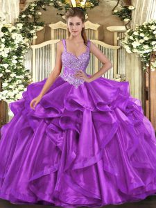 Spectacular Beading and Ruffles Sweet 16 Dresses Eggplant Purple Lace Up Sleeveless Floor Length