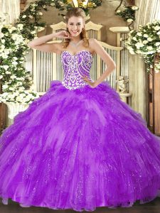 Lovely Floor Length Lace Up Sweet 16 Quinceanera Dress Lavender for Military Ball and Sweet 16 and Quinceanera with Beading and Ruffles