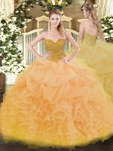 Cute Gold Lace Up Sweetheart Beading and Ruffles Quinceanera Dress Organza Sleeveless