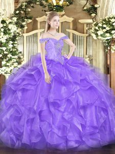 Lavender Off The Shoulder Neckline Beading and Ruffles Vestidos de Quinceanera Sleeveless Lace Up