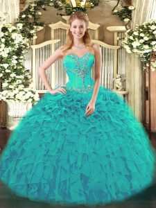 On Sale Organza Sweetheart Sleeveless Lace Up Beading and Ruffles Quince Ball Gowns in Teal