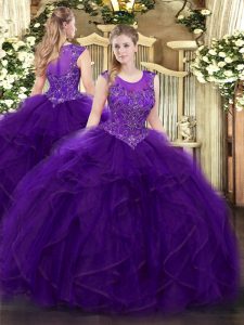 Sleeveless Zipper Floor Length Beading and Ruffles Ball Gown Prom Dress
