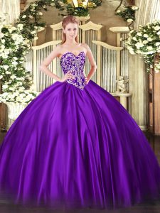 Floor Length Lace Up Quinceanera Gowns Purple for Military Ball and Sweet 16 with Beading
