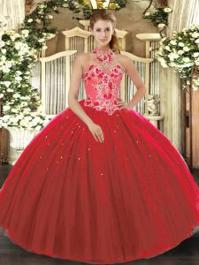 Perfect Red Quinceanera Gown Military Ball and Sweet 16 and Quinceanera with Embroidery Halter Top Sleeveless Lace Up