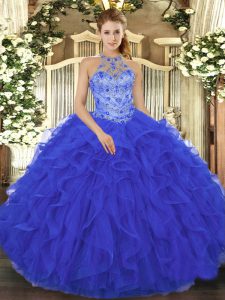 Traditional Royal Blue Sleeveless Floor Length Beading and Embroidery and Ruffles Lace Up 15th Birthday Dress