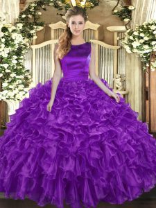 Scoop Sleeveless Lace Up Ball Gown Prom Dress Eggplant Purple Organza
