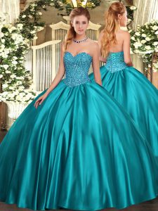 Teal Satin Lace Up Sweetheart Sleeveless Floor Length Sweet 16 Quinceanera Dress Beading