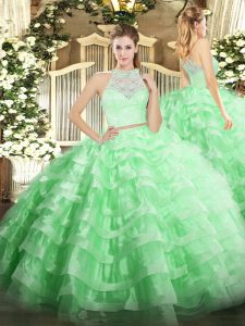 Floor Length Apple Green Sweet 16 Dresses Tulle Sleeveless Lace and Ruffled Layers