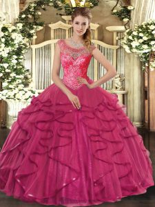 Inexpensive Hot Pink Tulle Lace Up Quince Ball Gowns Sleeveless Floor Length Beading and Ruffles