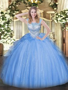 Exquisite Floor Length Lace Up Quinceanera Gowns Blue for Sweet 16 and Quinceanera with Beading