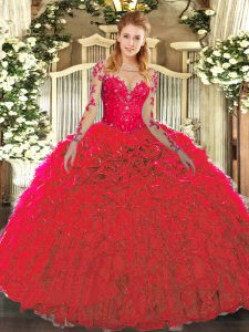 Sexy Floor Length Lace Up Quinceanera Dress Red for Military Ball and Sweet 16 and Quinceanera with Lace and Ruffles
