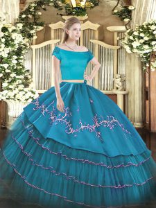 Fine Two Pieces 15th Birthday Dress Teal Off The Shoulder Organza and Taffeta Short Sleeves Floor Length Zipper