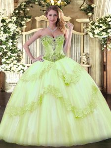 Custom Fit Sleeveless Tulle Lace Up Ball Gown Prom Dress in Yellow Green with Beading
