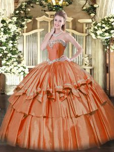 Low Price Rust Red Organza Lace Up Sweetheart Sleeveless Floor Length Quinceanera Gowns Beading and Ruffled Layers