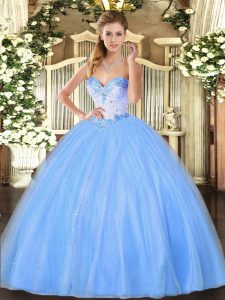 Traditional Baby Blue Ball Gowns Tulle Sweetheart Sleeveless Beading Floor Length Lace Up Sweet 16 Dresses
