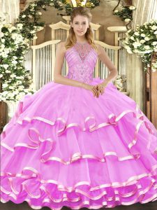 Admirable Beading and Ruffled Layers 15th Birthday Dress Lilac Lace Up Sleeveless Floor Length