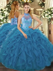 Fashion Teal Organza Lace Up Ball Gown Prom Dress Sleeveless Floor Length Embroidery and Ruffles