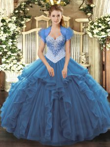 Blue Sleeveless Tulle Lace Up 15th Birthday Dress for Military Ball and Sweet 16